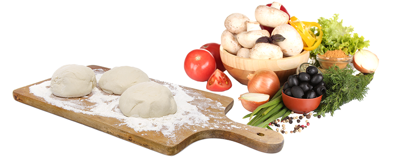 dough on cutting board and pizza ingredients